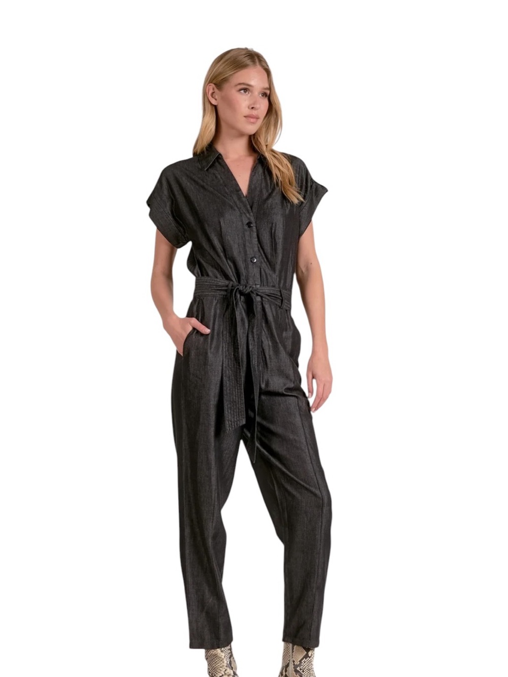 Elan Raya Jumpsuit Size XS Utility One-Piece Light Black Sheen Cotton Tencel NWT